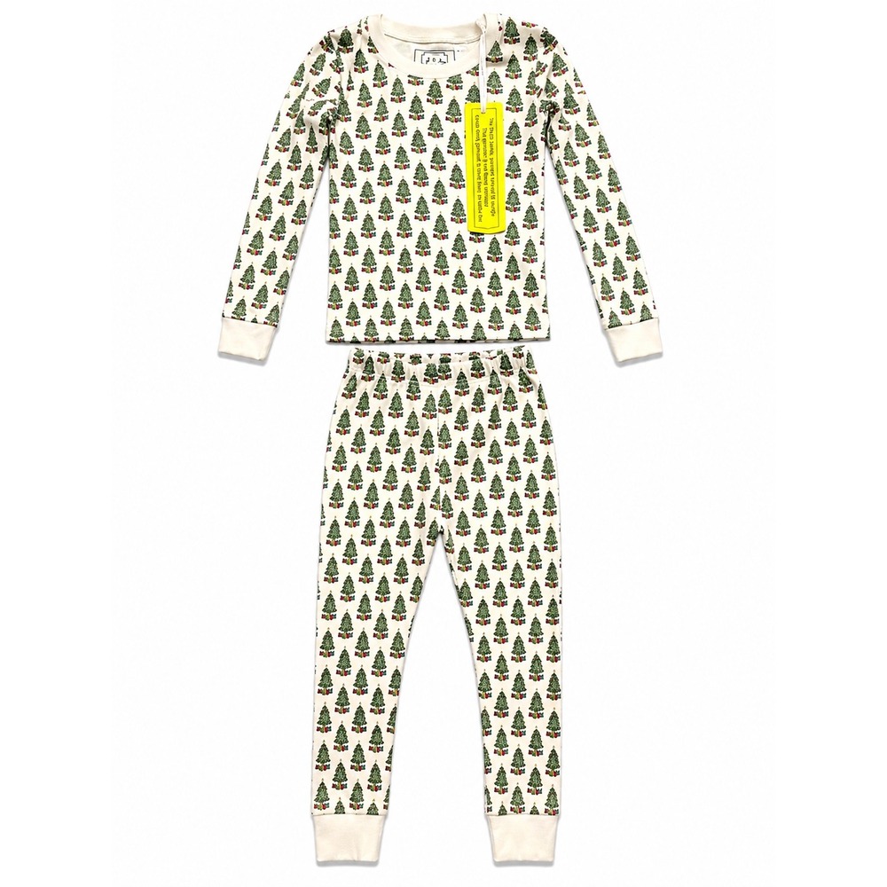 Lila and Hayes Kids Christmas Tree Pima Cotton Pajama Set White Green Size 5 NWT